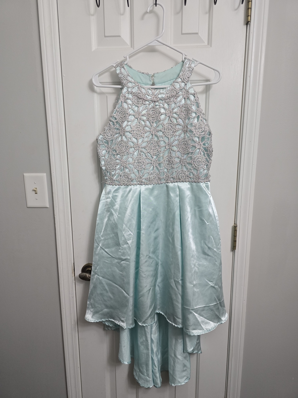 Speechless Mint High-Low Formal Dress with Silver Lace Bodice